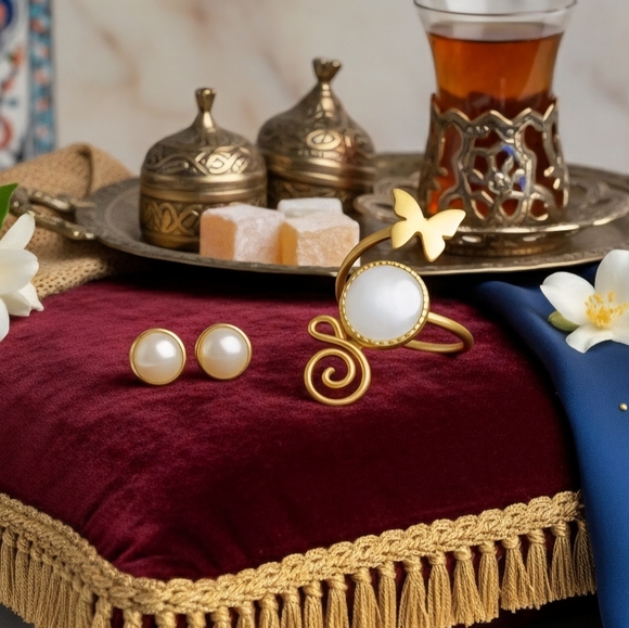 ποΈTurkish Artisan 24K Gold Plated & Pearl Ring + Earrings Set π Adjustable - Picture 9 of 13
